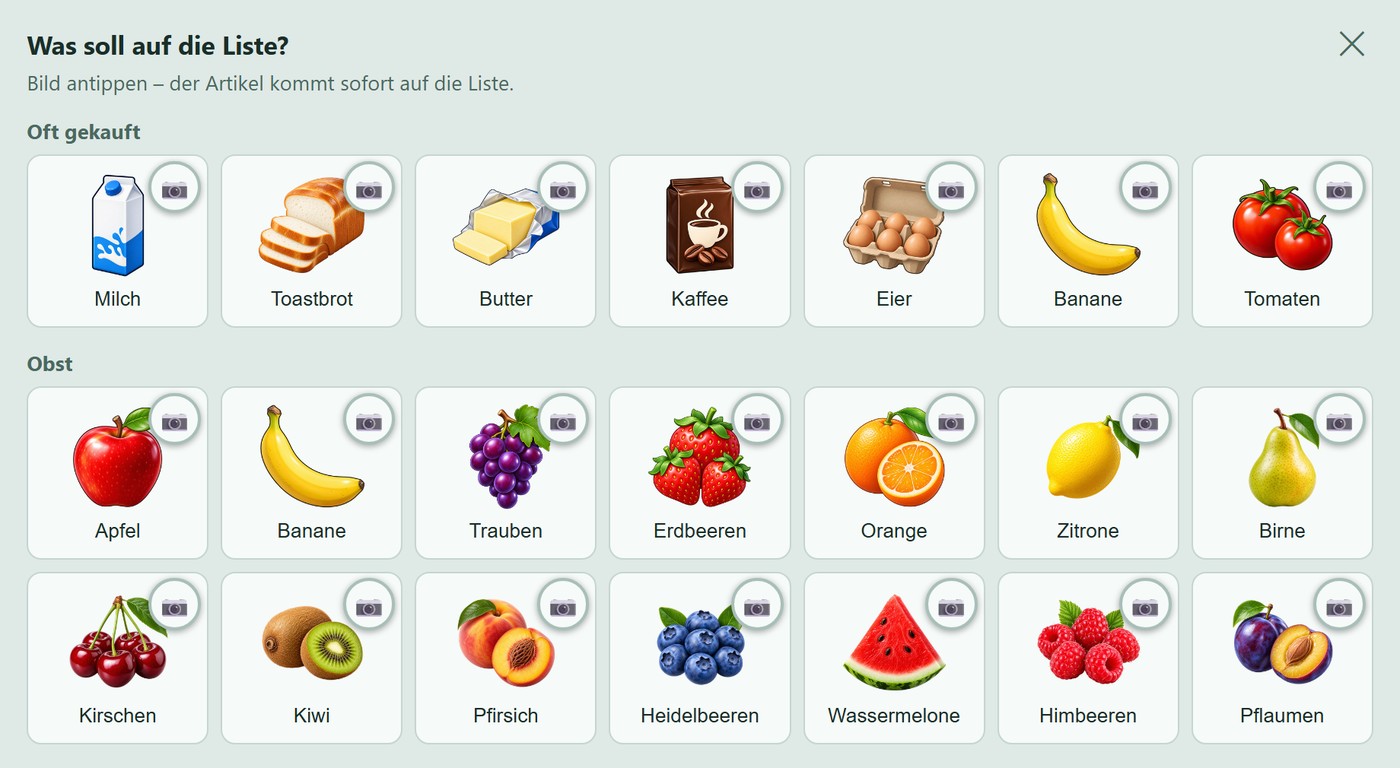 Die Bildauswahl der Einkaufsliste: Kacheln mit gezeichneten Waren, oben die Gruppe „Oft gekauft“ mit Milch, Toastbrot, Butter, Kaffee, Eiern, Banane und Tomaten, darunter die Gruppe „Obst“