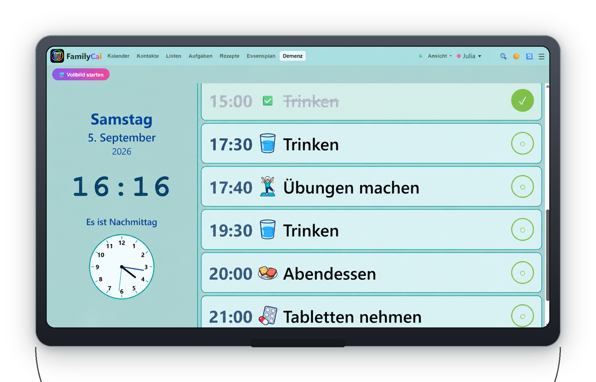 Die Demenzuhr im hellen Modus mit türkisen Kacheln