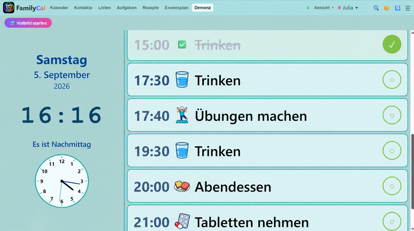 Demenz-Modus mit großen Aufgaben und Uhrzeit