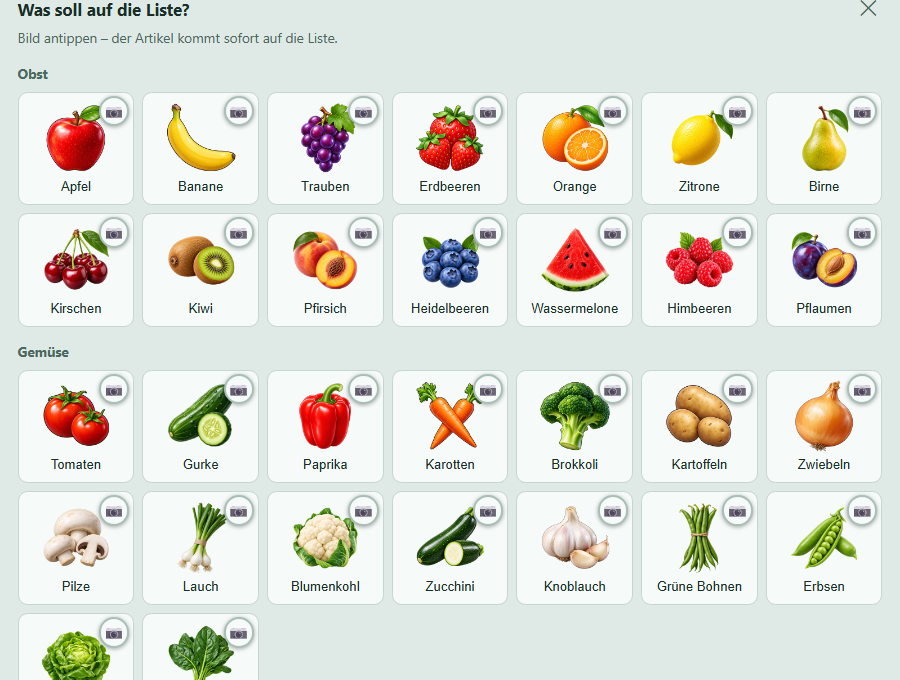 Bildergalerie der Einkaufsliste: Obst und Gemüse als klare gezeichnete Bilder zum Antippen