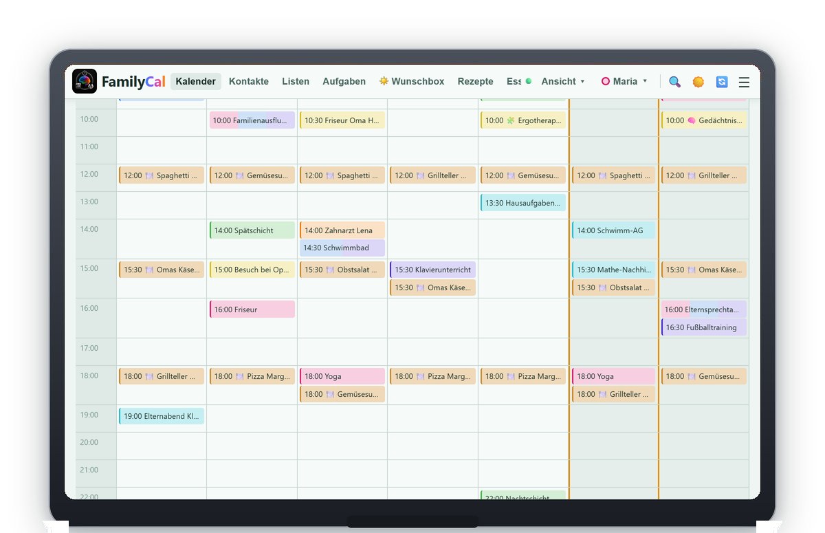 Kalender in der Wochenansicht: jede Person in ihrer Farbe, Termine mit Uhrzeit untereinander je Tag