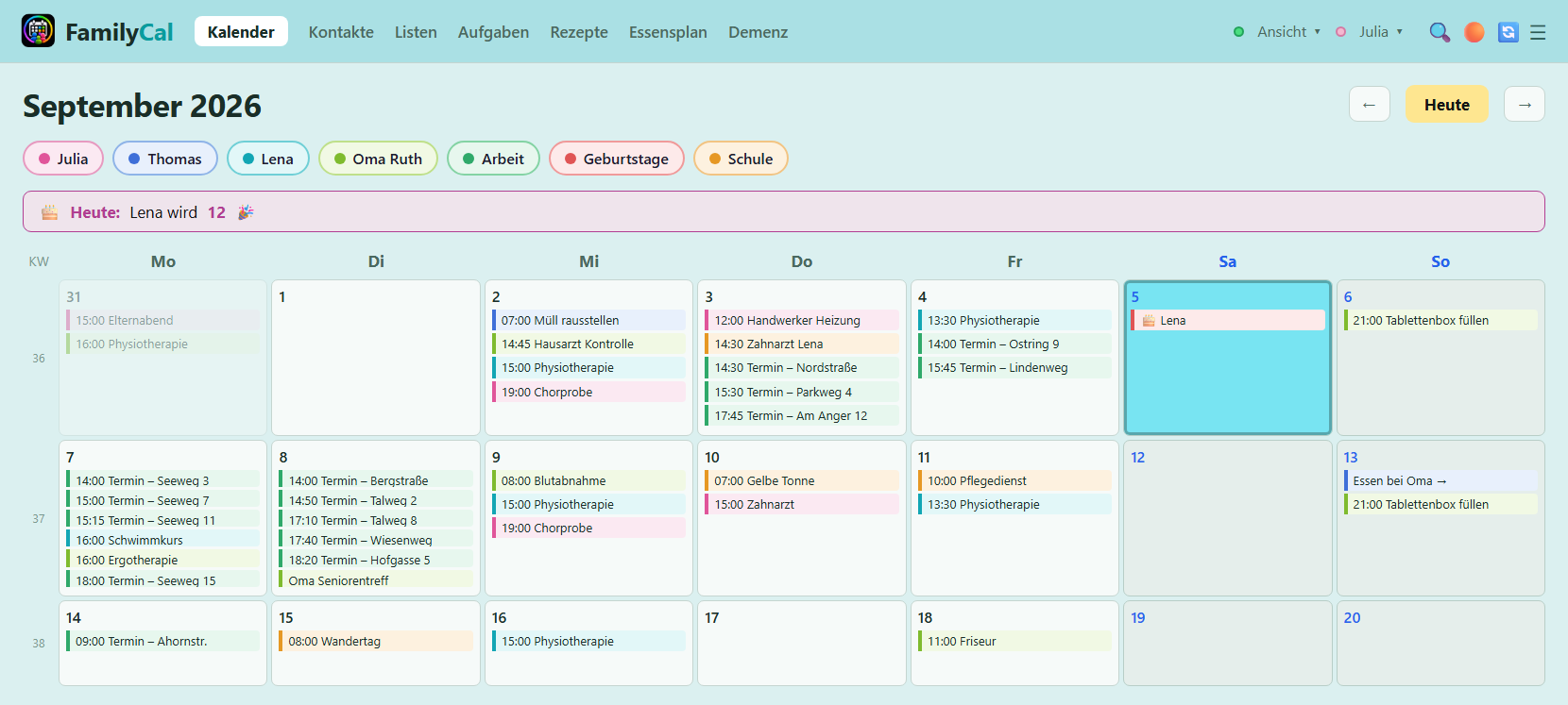 Monatsansicht des FamilyCal Familienkalenders