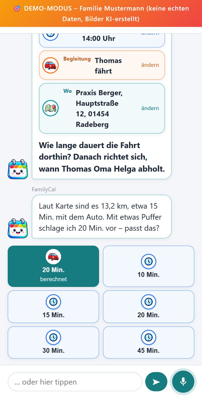 FamilyCal berechnet die Fahrzeit: 4,3 km, etwa 8 Minuten – mit Puffer schlägt es 15 Minuten vor