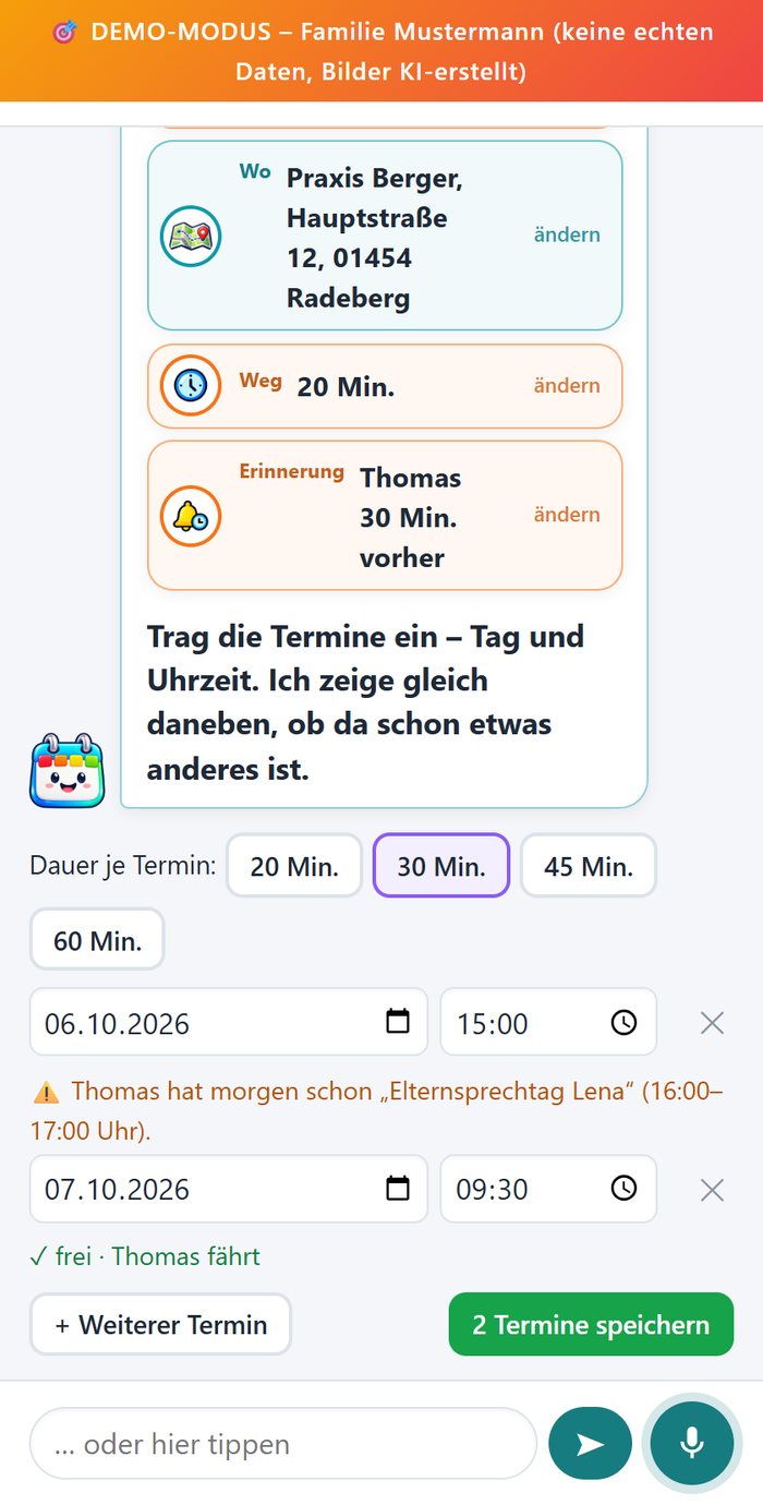 Mehrere Physiotherapie-Termine untereinander: je Zeile Datum und Uhrzeit, bei einem Termin der Hinweis, dass Thomas schon etwas vorhat – mit dem Vorschlag „Maria fährt“