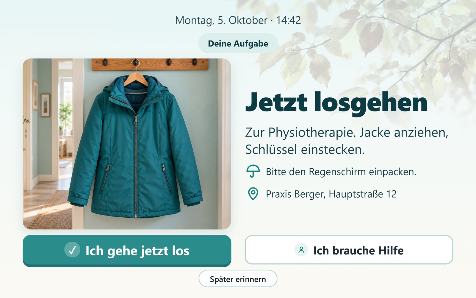 „Jetzt losgehen zur Physiotherapie“ mit Foto der Jacke, Hinweis auf den Regenschirm und der Adresse