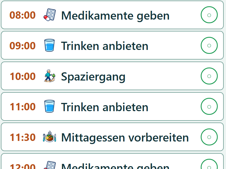 Omas Tagesplan: Medikamente, Trinken, Spaziergang – groß und ruhig