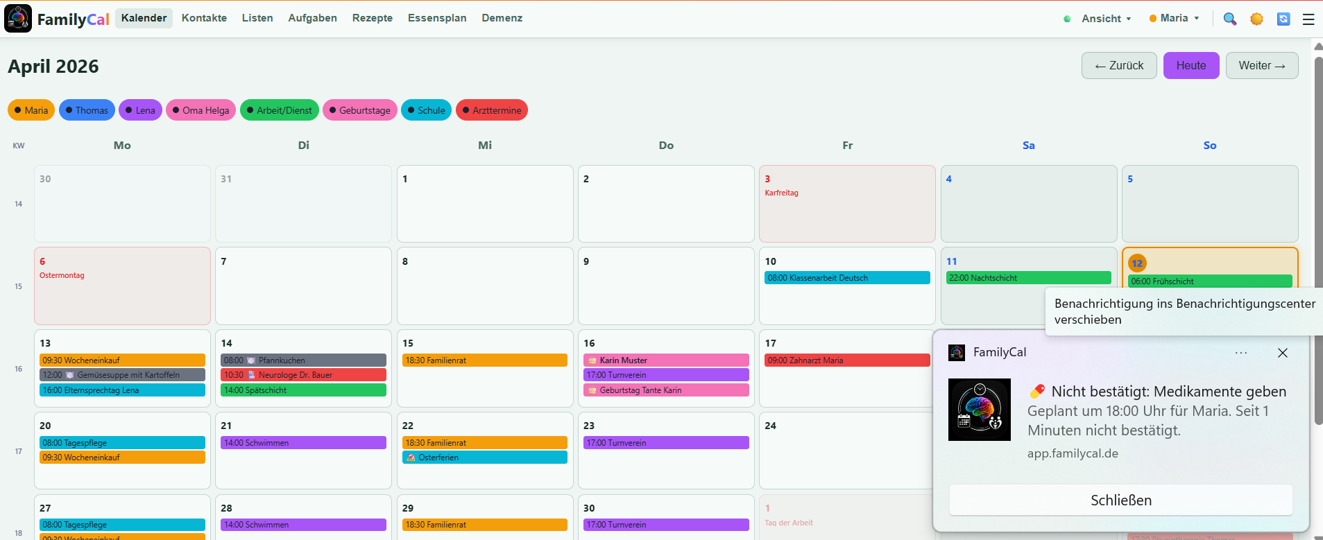 FamilyCal Kalenderansicht — Familienkalender mit farbcodierten Terminen
